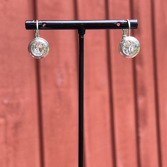 Solid Sterling Silver (.925) and Bezel Set Crystal Leverback Earrings - Picture 5 of 6